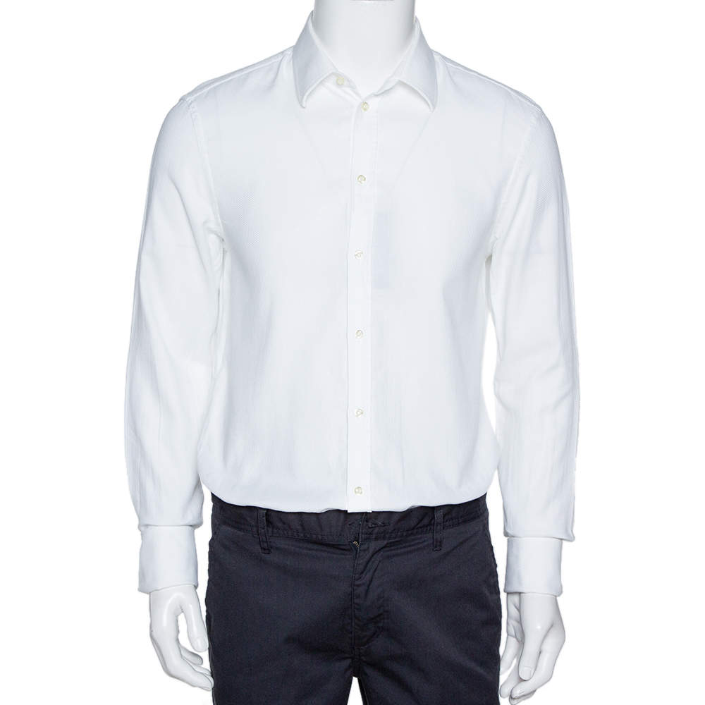 Pre Owned Emporio Armani White Cotton Jacquard Button Front Shirt L