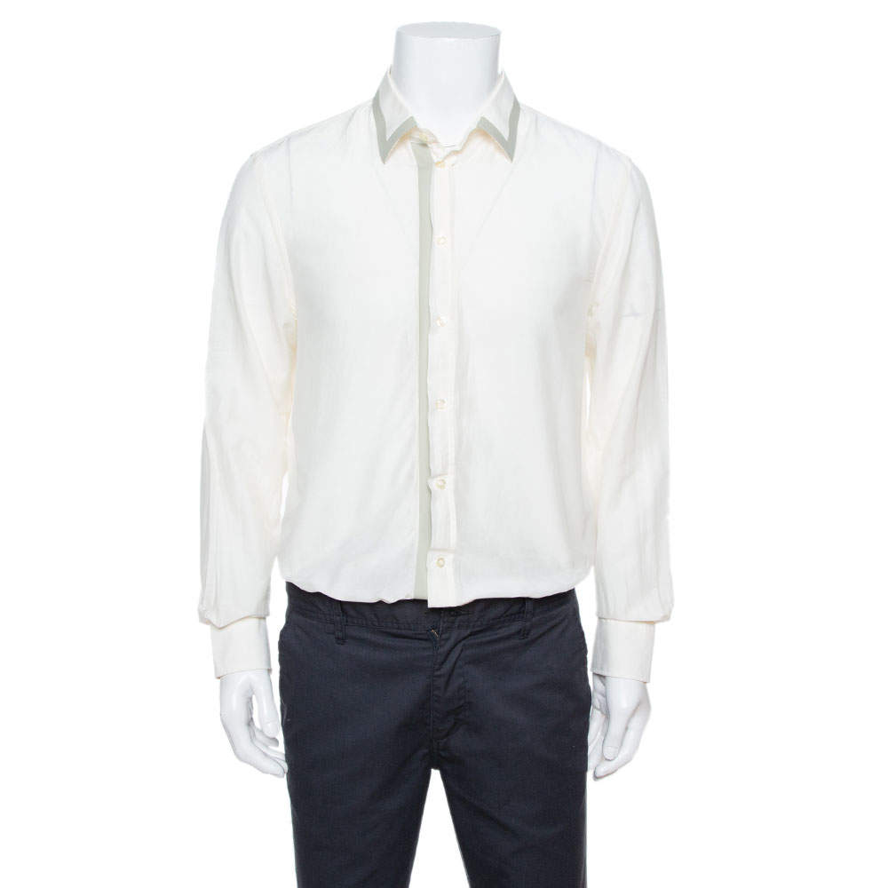 Emporio Armani Cream Cotton & Silk Contrast Stripe Detail Shirt XL