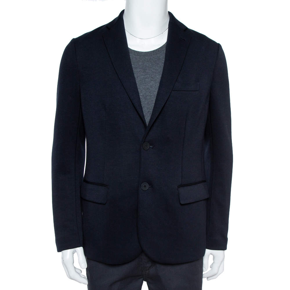Pre Owned Emporio Armani Navy Blue Cotton Blend Notched Lapels Blazer XL