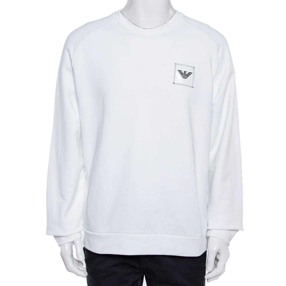 Pre Owned Emporio Armani White Cotton Logo Patch Sweatshirt XXL