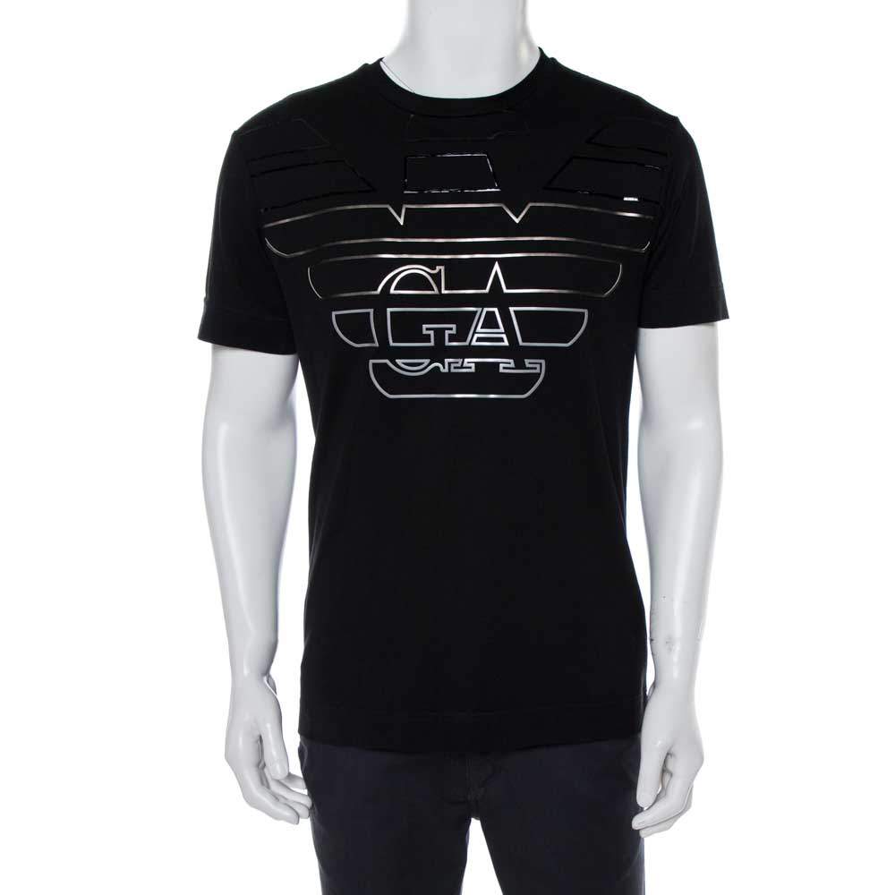 Pre Owned Emporio Armani Black Cotton Logo Embossed Crew Neck T-Shirt XL
