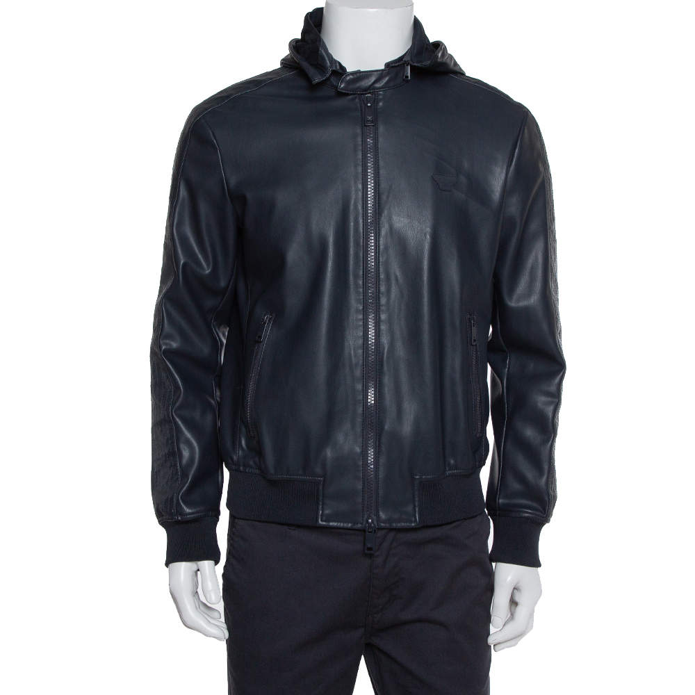 Pre Owned Emporio Armani Navy Blue Faux Leather Hooded Zip Front Jacket L