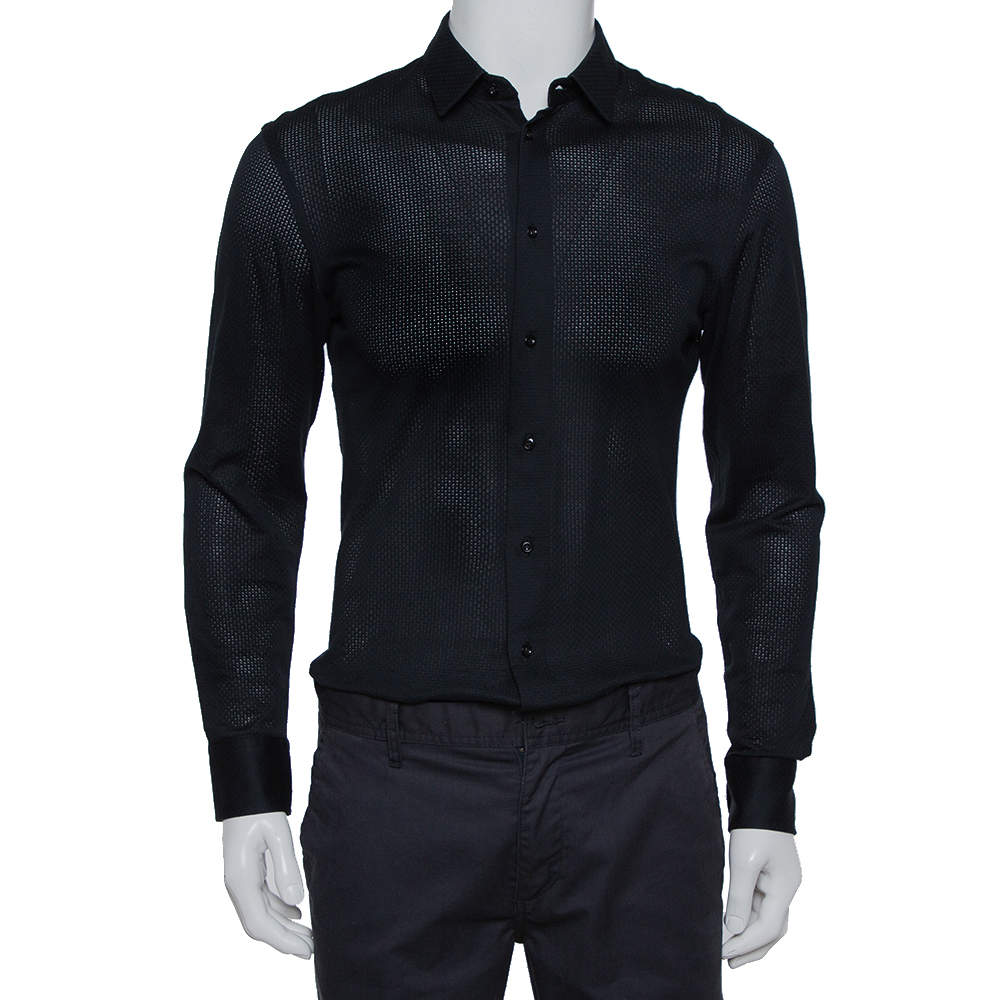 Pre Owned قميص أمبوريو أرماني قطن سترتش أزرق كحلي مثقب بأزرار أمامية مقاس متوسط - ميديوم