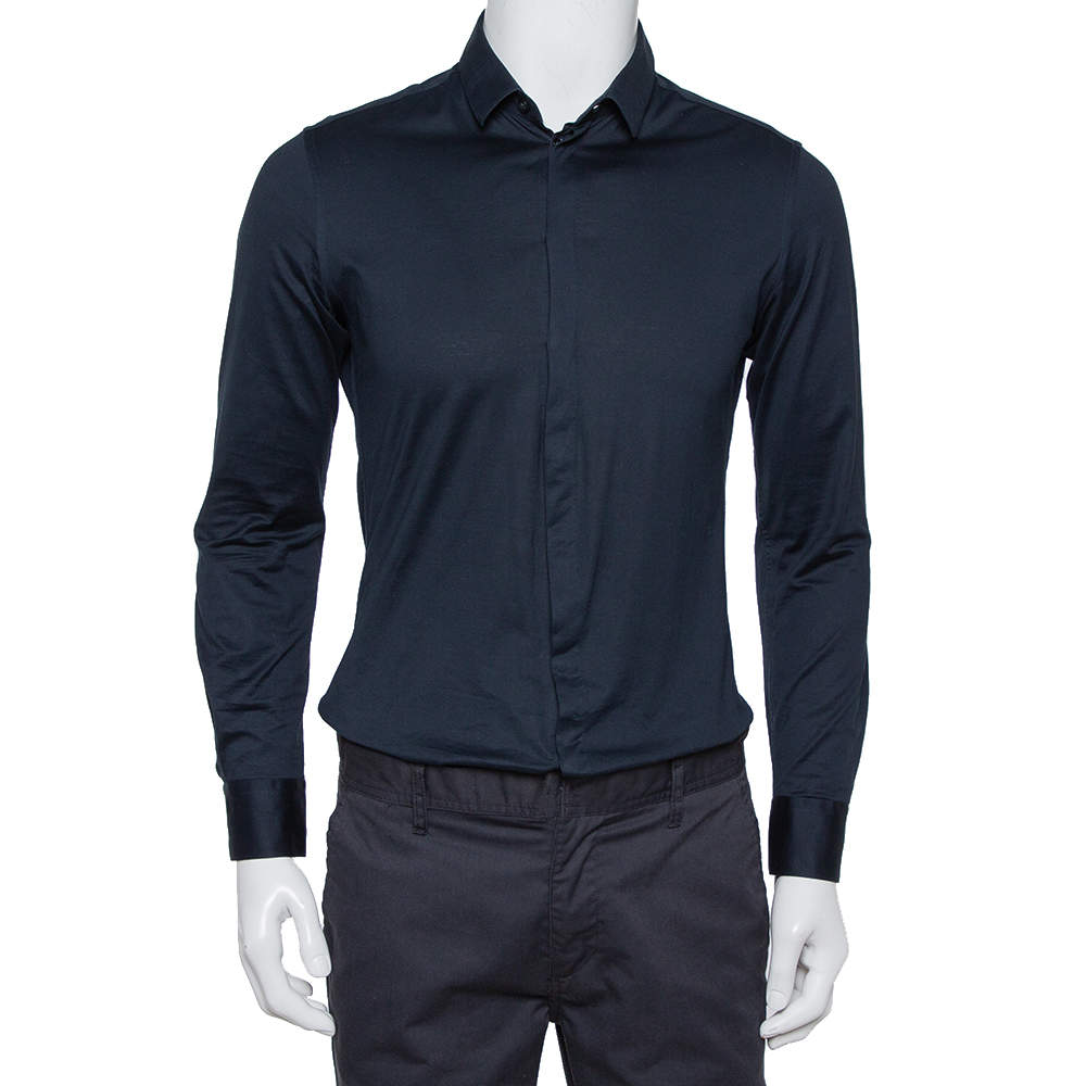 مملوكة مسبقًا Emporio Armani Navy Blue Stretch Cotton Button Front Shirt M