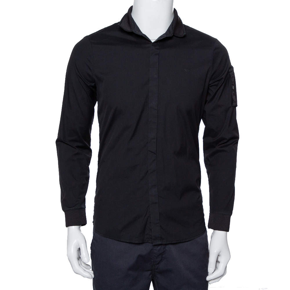 Pre Owned Emporio Armani Black Cotton Knit Trim Detail Button Front Shirt S