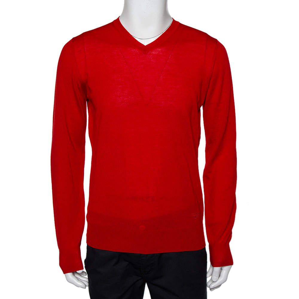 Emporio Armani Red Wool V-Neck Sweater XL