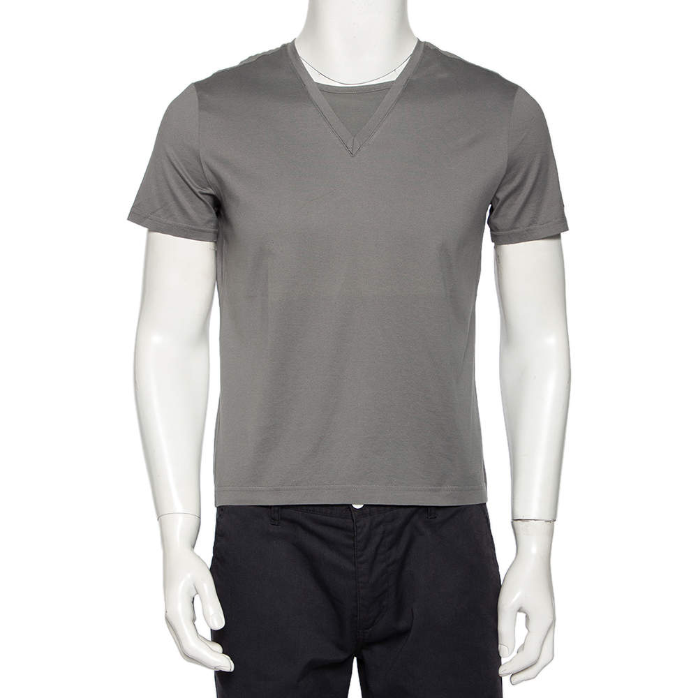 Pre Owned Emporio Armani Grey Cotton Contrast Trim T-Shirt M