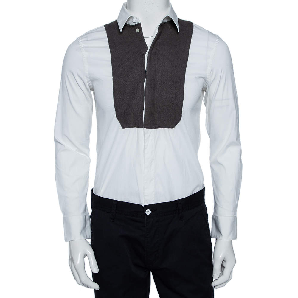 Pre Owned Emporio Armani White Stretch Cotton & Contrast Wool Paneled Button Front Shirt M