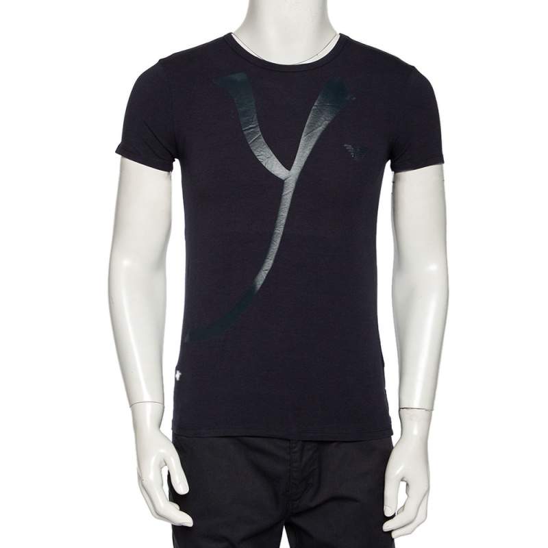 Pre Owned Emporio Armani Navy Blue Printed Cotton & Modal Jude Fitted T-Shirt M