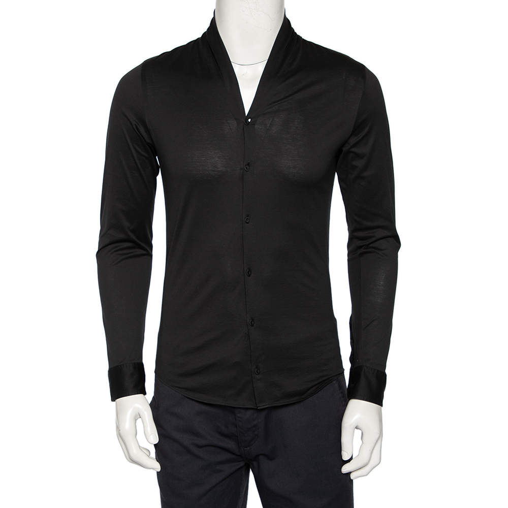 مملوكة مسبقًا Emporio Armani Black Cotton Shawl Lapel Collar Detail Button Front Shirt S 