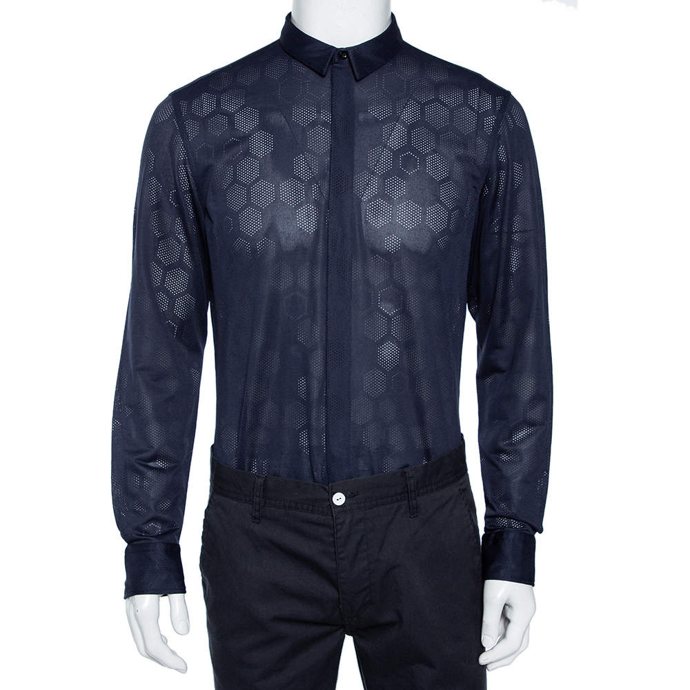 Pre Owned Emporio Armani Navy Blue Perforated Jersey Button Front Shirt XL
