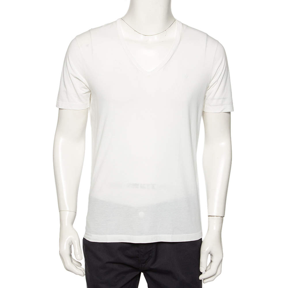 مملوكة مسبقًا Emporio Armani White Logo Embroidered Cotton V-Neck T-Shirt S