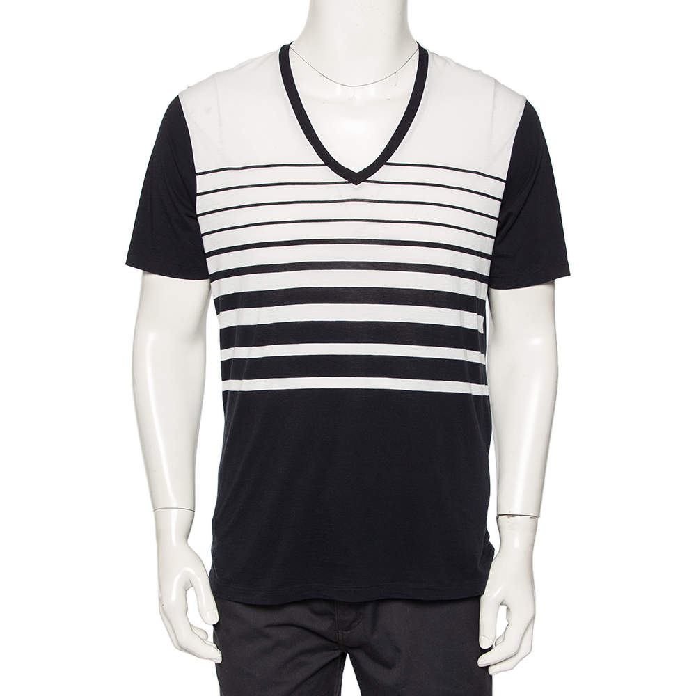 Emporio Armani Navy Blue Striped Cotton V-Neck T-Shirt L Emporio Armani |  TLC