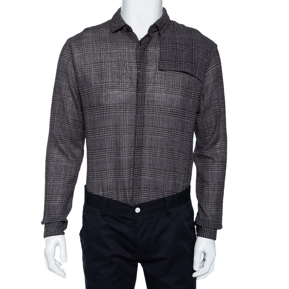 Pre Owned Emporio Armani Brown Checkered Knit Overlay Detail Button Front Shirt L