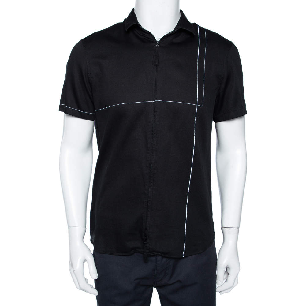 Pre Owned قميص إمبوريو أرماني قطن مطبوع أسود بأزرار أمامية مقاس كبير جدًا - إكس لارج