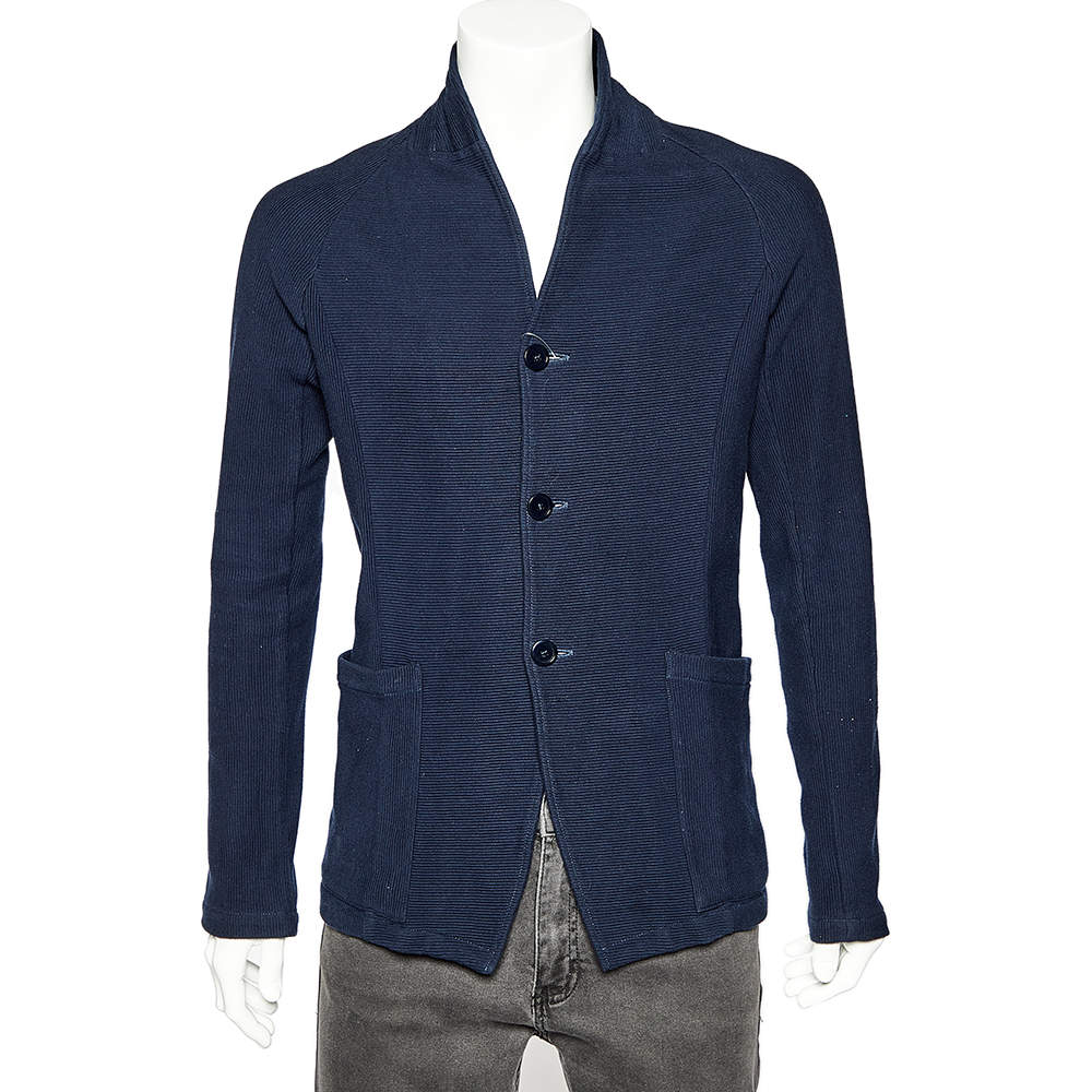 Pre Owned Emporio Armani Navy Blue Rib Knit Button Front Blazer L