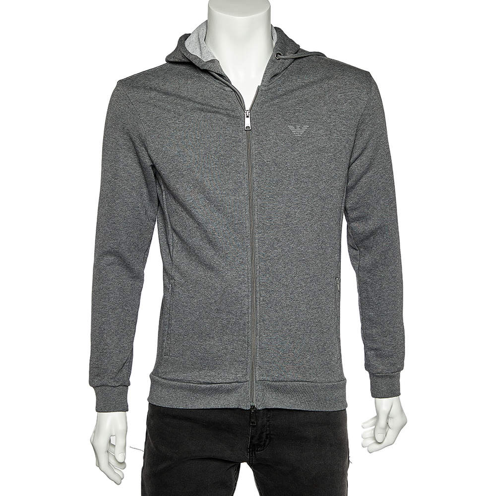 Pre Owned Emporio Armani Grey Cotton Knit Hooded Sweatshirt L