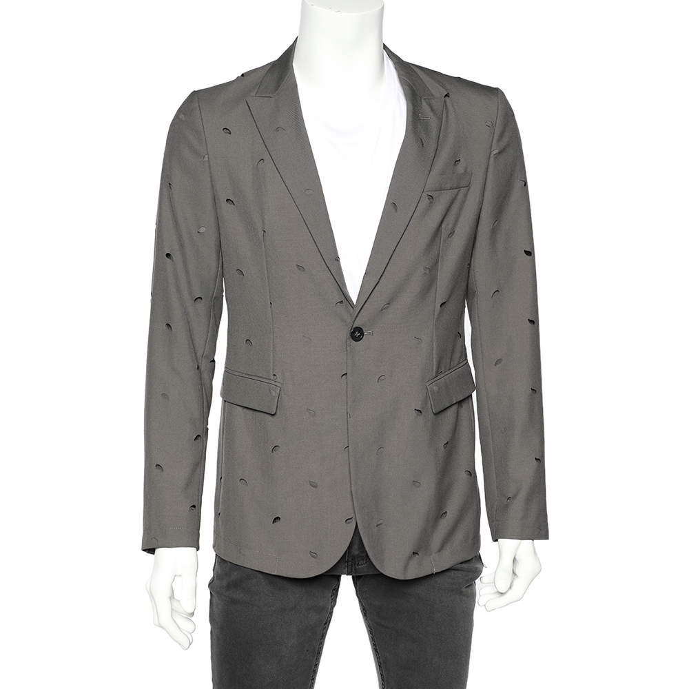 Pre Owned Emporio Armani Grey Wool Cut-Out Patterned Single Breasted Blazer M 