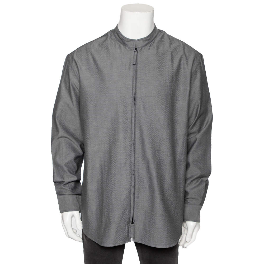 Pre Owned Giorgio Armani Grey Crinkled Cotton Zip Front Shirt XXL