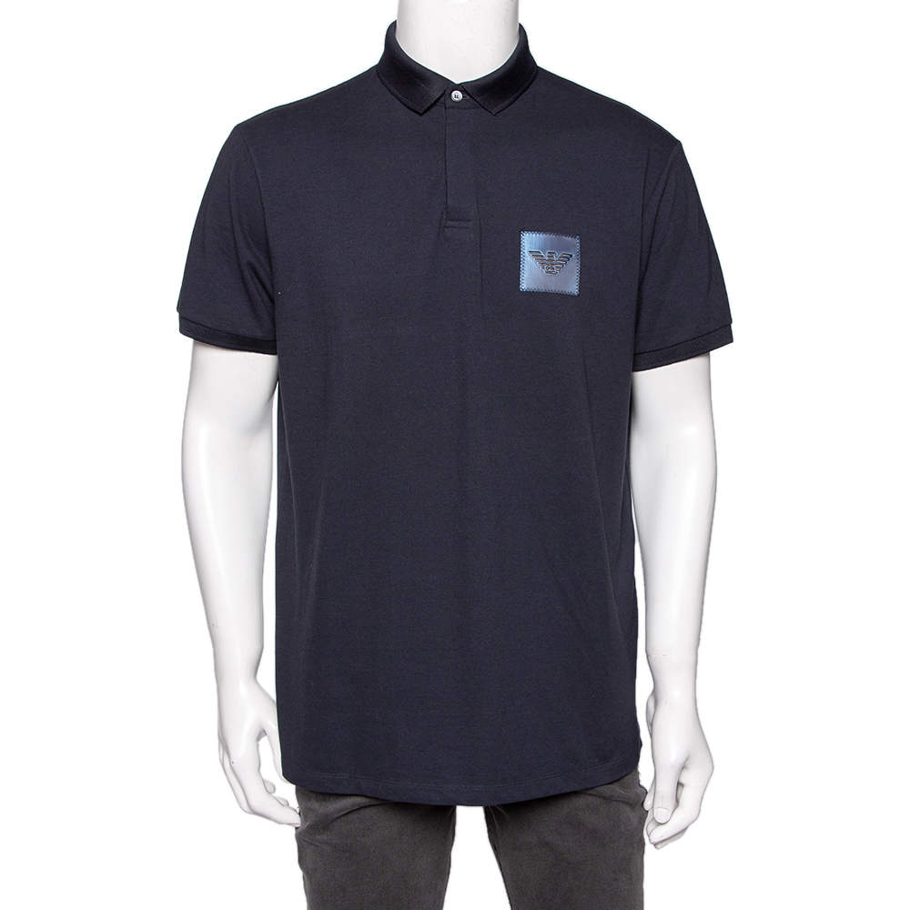 Pre Owned تي شيرت بولو امبوريو أرماني قطن أزرق كحلي بيكيه رقعة شعار الماركة مقاس كبير جداً جداً (اكس اكس لارج)
