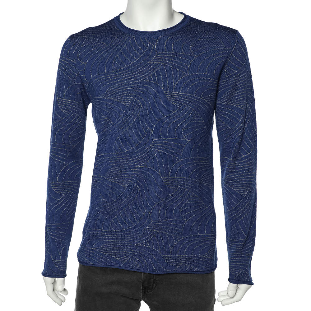 Pre Owned Emporio Armani Blue Patterned Knit Crewneck Sweater L