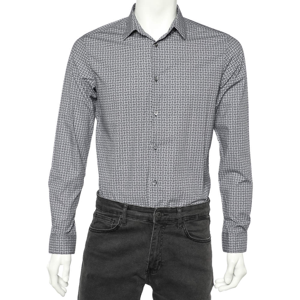 Pre Owned Emporio Armani Blue Logo Printed Cotton Slim Fit Shirt M