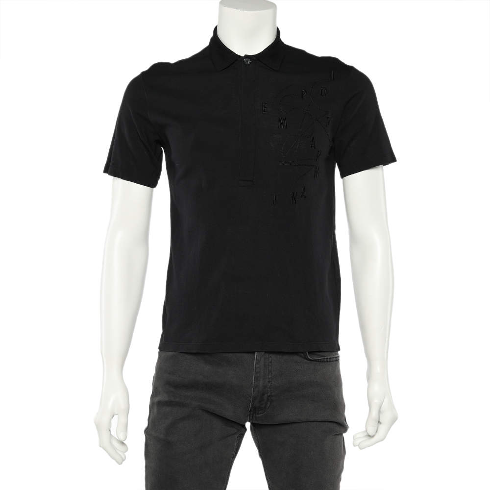 Pre Owned Emporio Armani Black Logo Embroidered Cotton Pique Polo T-Shirt XS