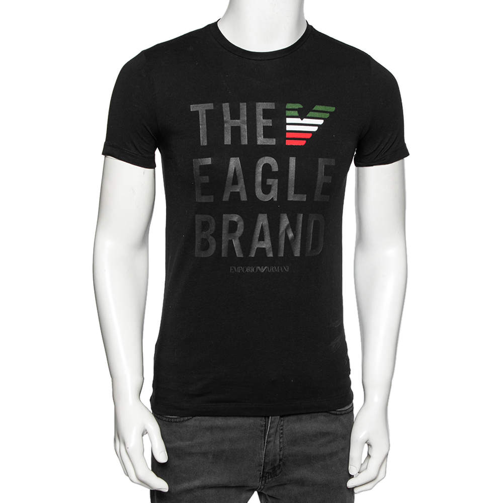 Pre Owned تي شيرت امبوريو أرماني قطن أسود مطبوع برقبة عريضة مقاس صغير (سمول )
