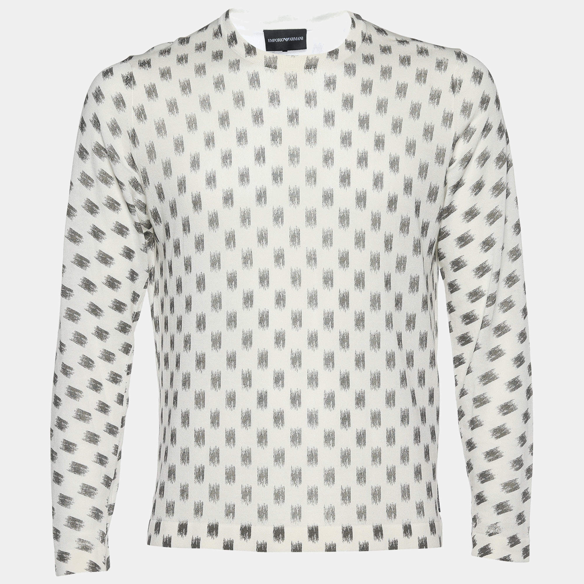 Pre Owned Emporio Armani White Printed Cotton Knit Round Neck Sweater M