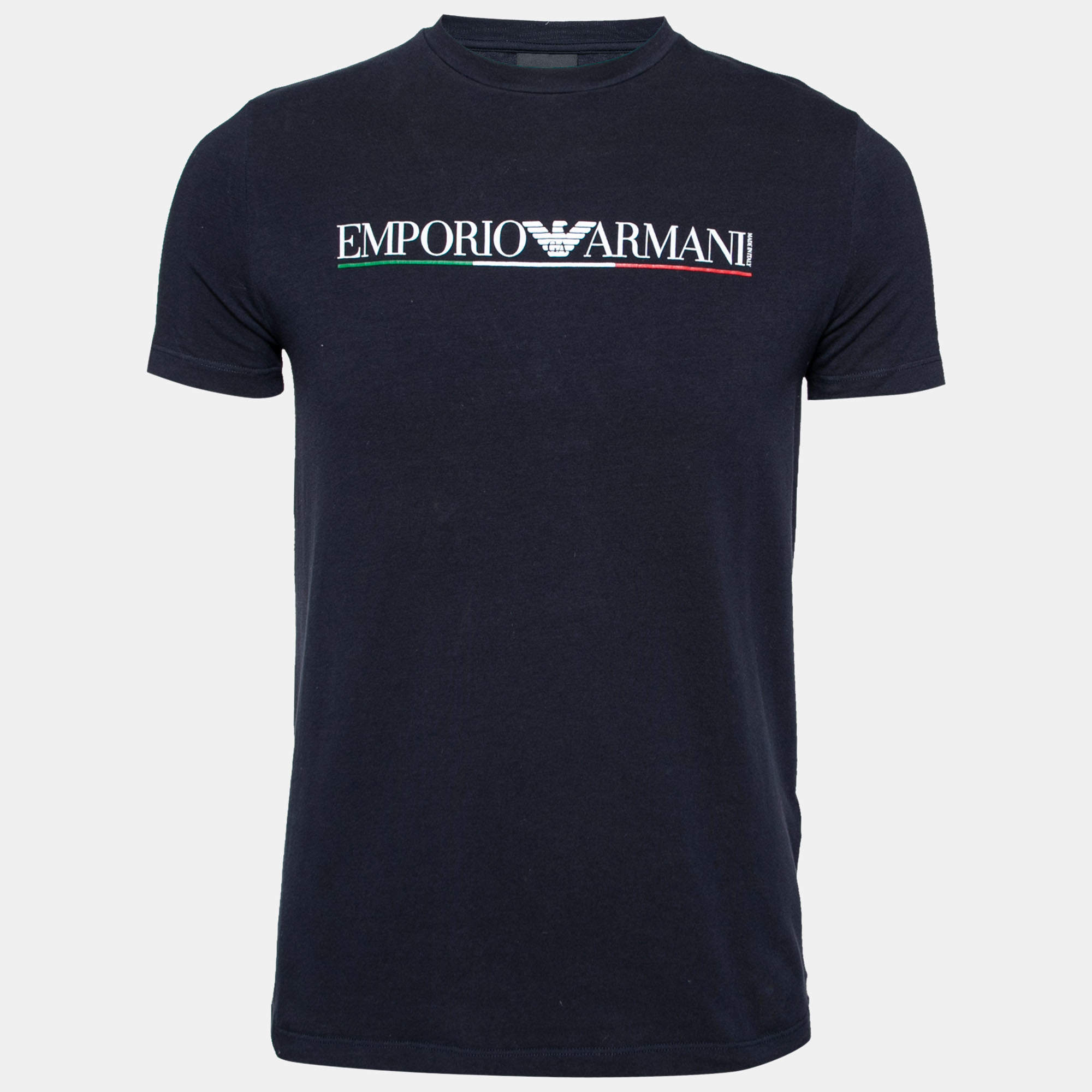 Pre Owned Emporio Armani Navy Blue Cotton Logo Printed Short Sleeve T-Shirt L