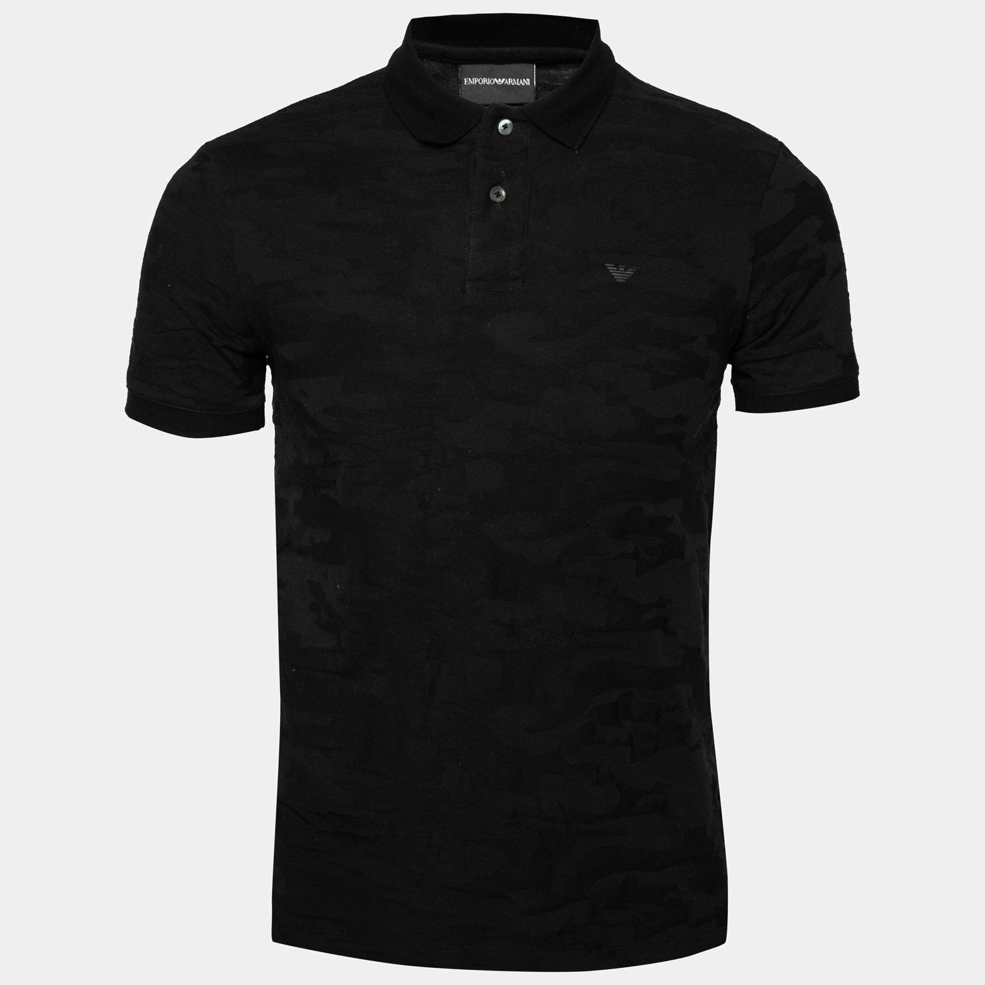Pre Owned Emporio Armani Black Patterned Cotton Polo T-Shirt S