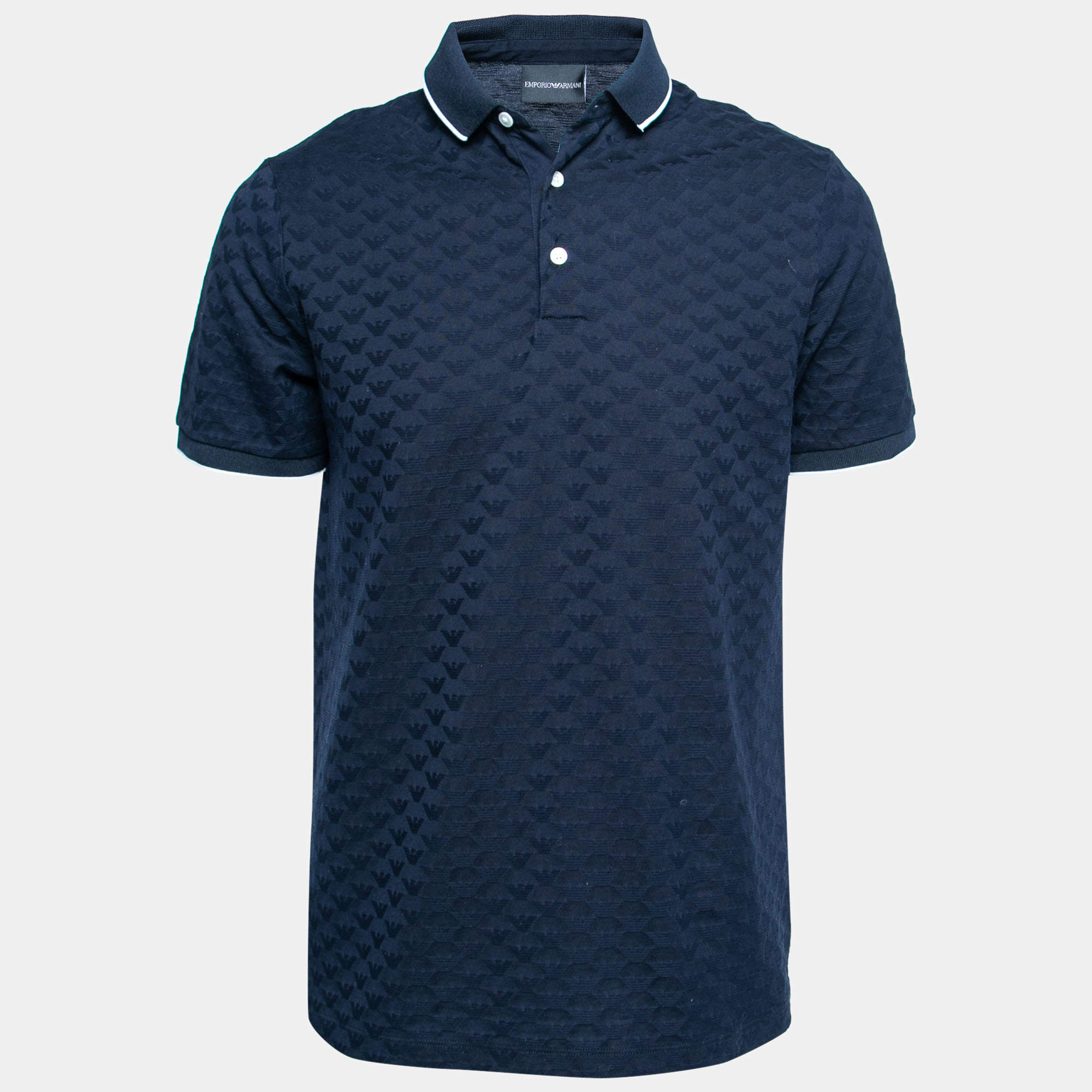 Pre Owned Emporio Armani Navy Blue Textured Knit Short Sleeve Polo T-Shirt L