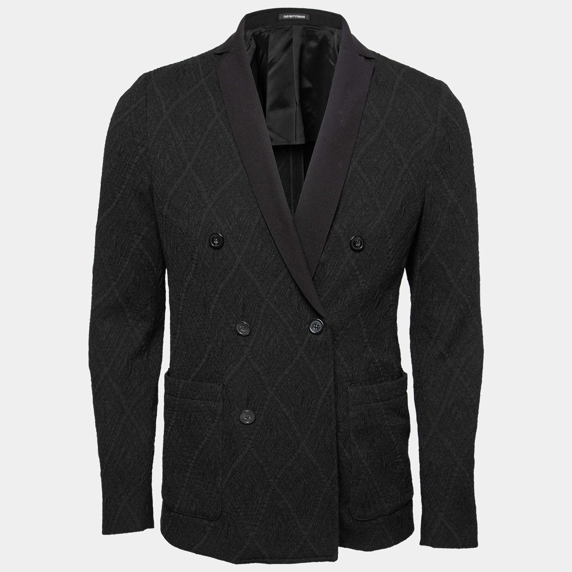 Pre Owned Emporio Armani Black Textured Knit Double Breasted Jacket M