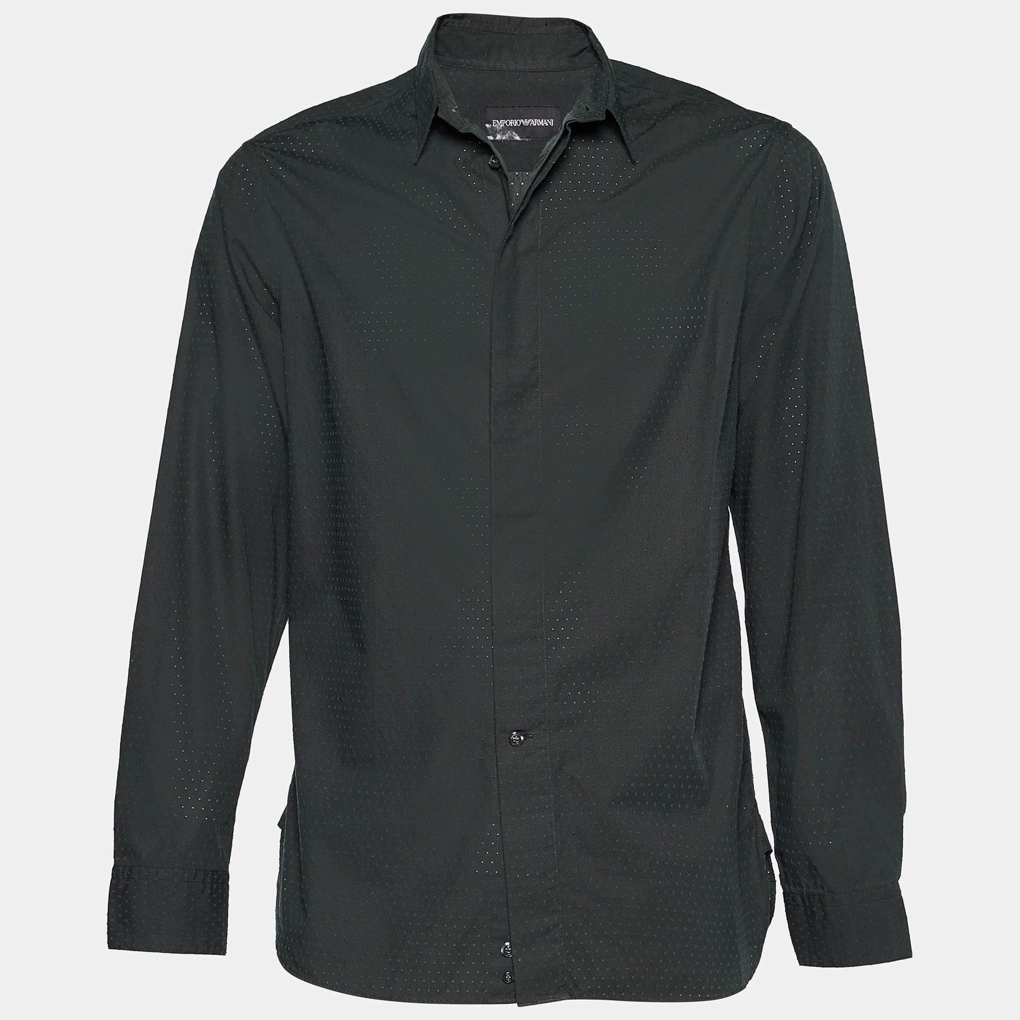 Emporio Armani Dark Green Perforated Cotton Button Front Shirt L