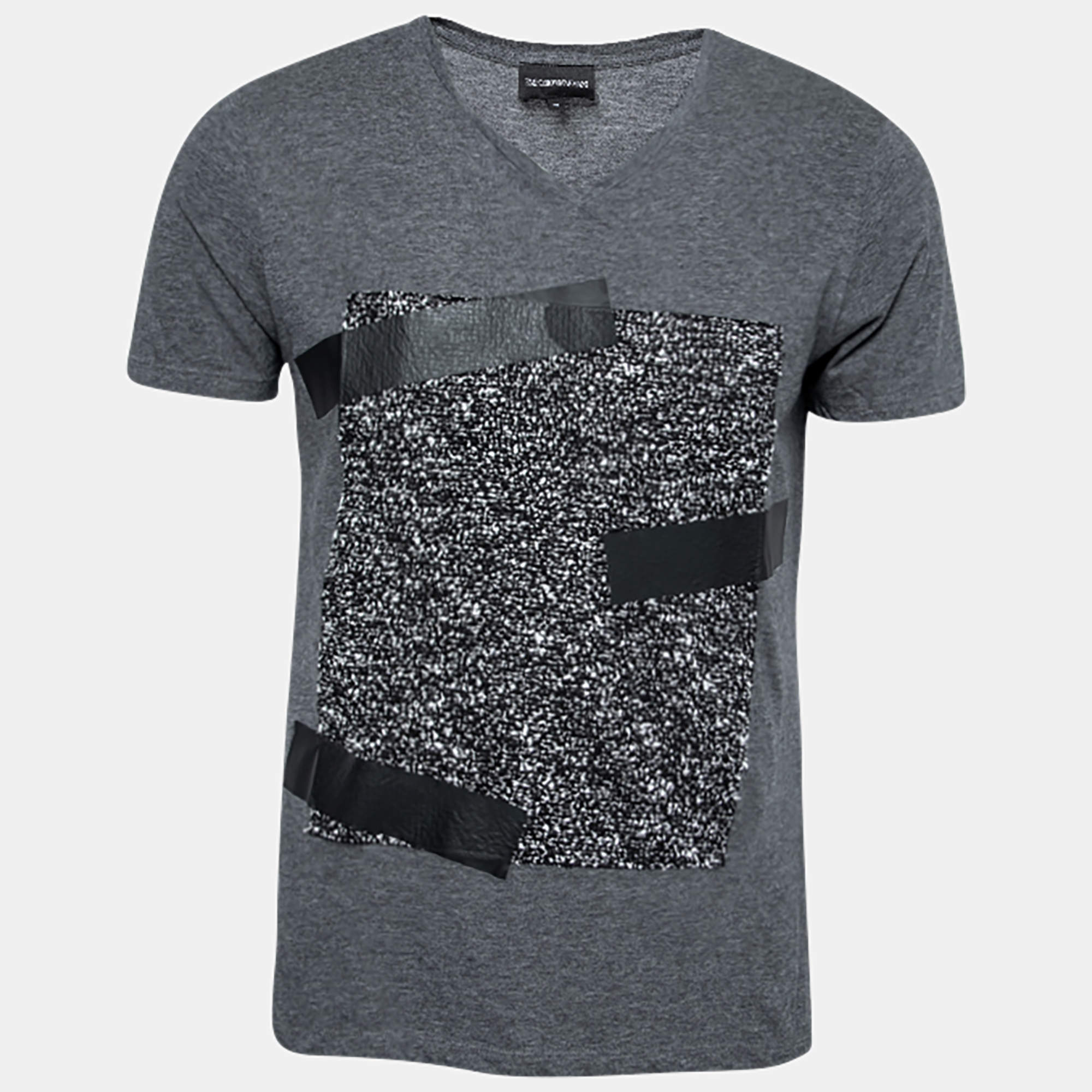 Pre Owned Emporio Armani Grey Cotton Appliqued V-Neck Short Sleeve T-Shirt M