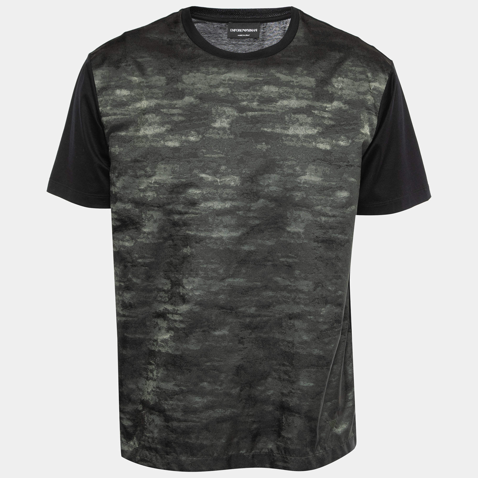 Pre Owned Emporio Armani Black & Camouflage Paneled Cotton Short Sleeve T-Shirt S