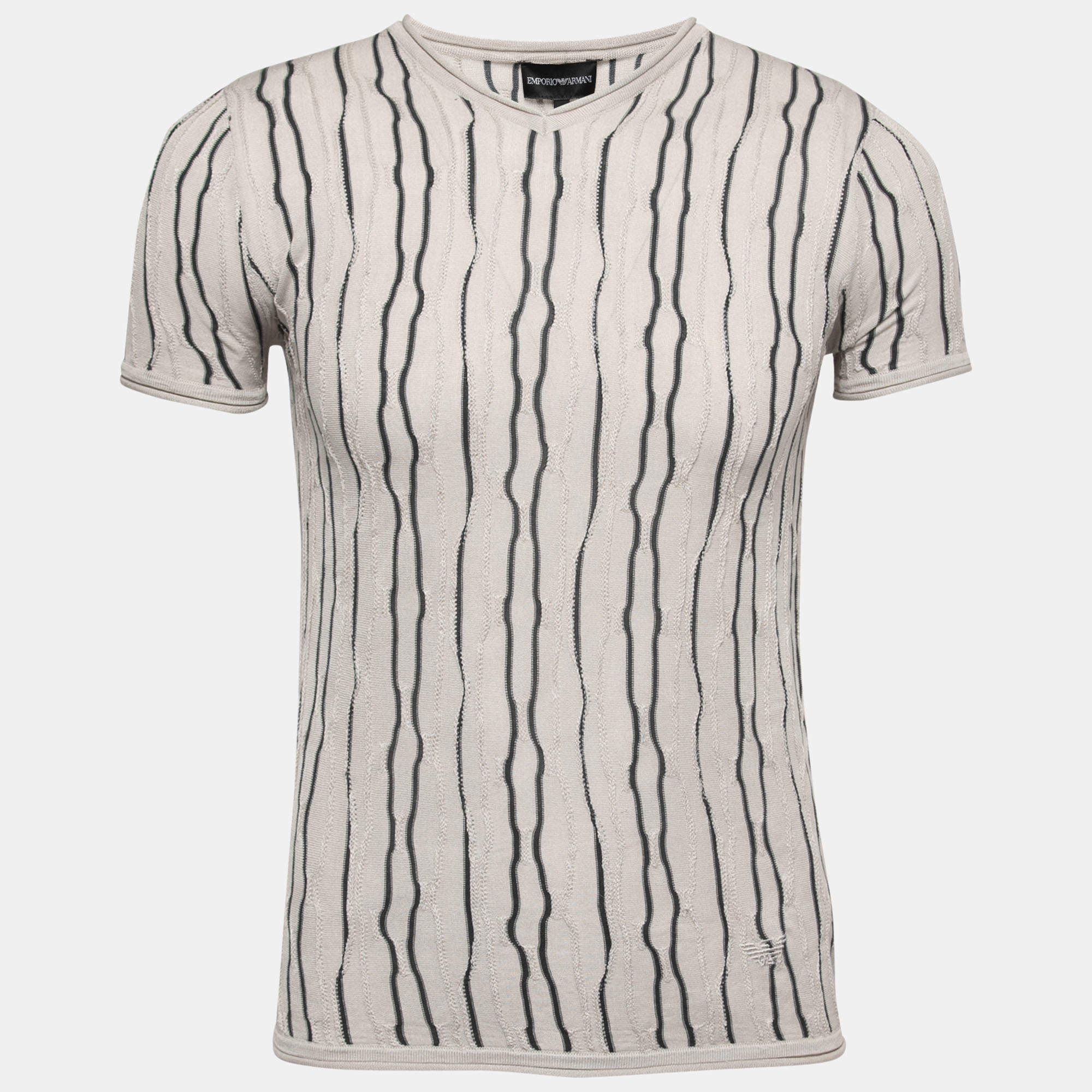 Pre Owned Emporio Armani Beige Stripe Knit V Neck T-Shirt S
