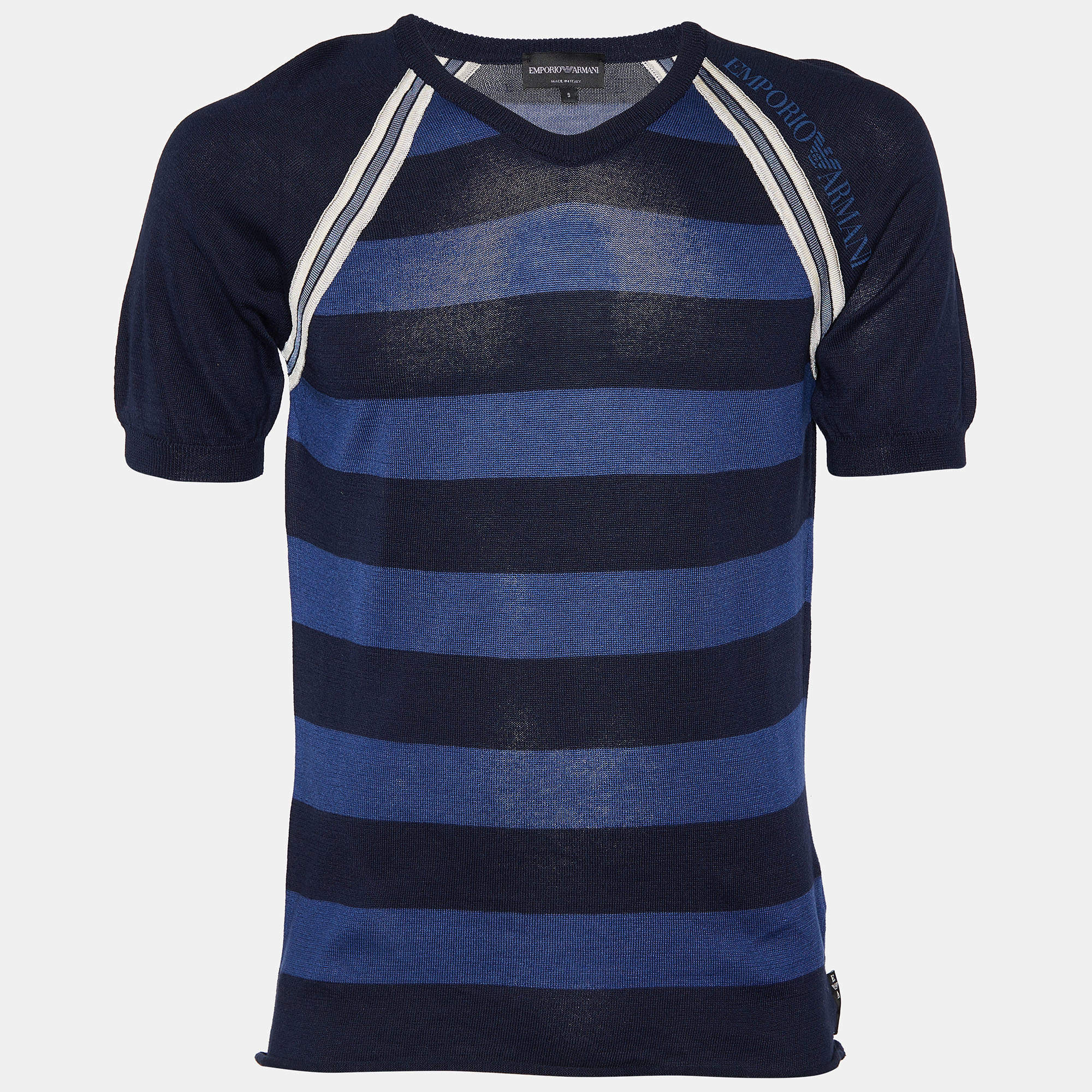 Pre Owned Emporio Armani Navy Blue Striped V-Neck Sweater S