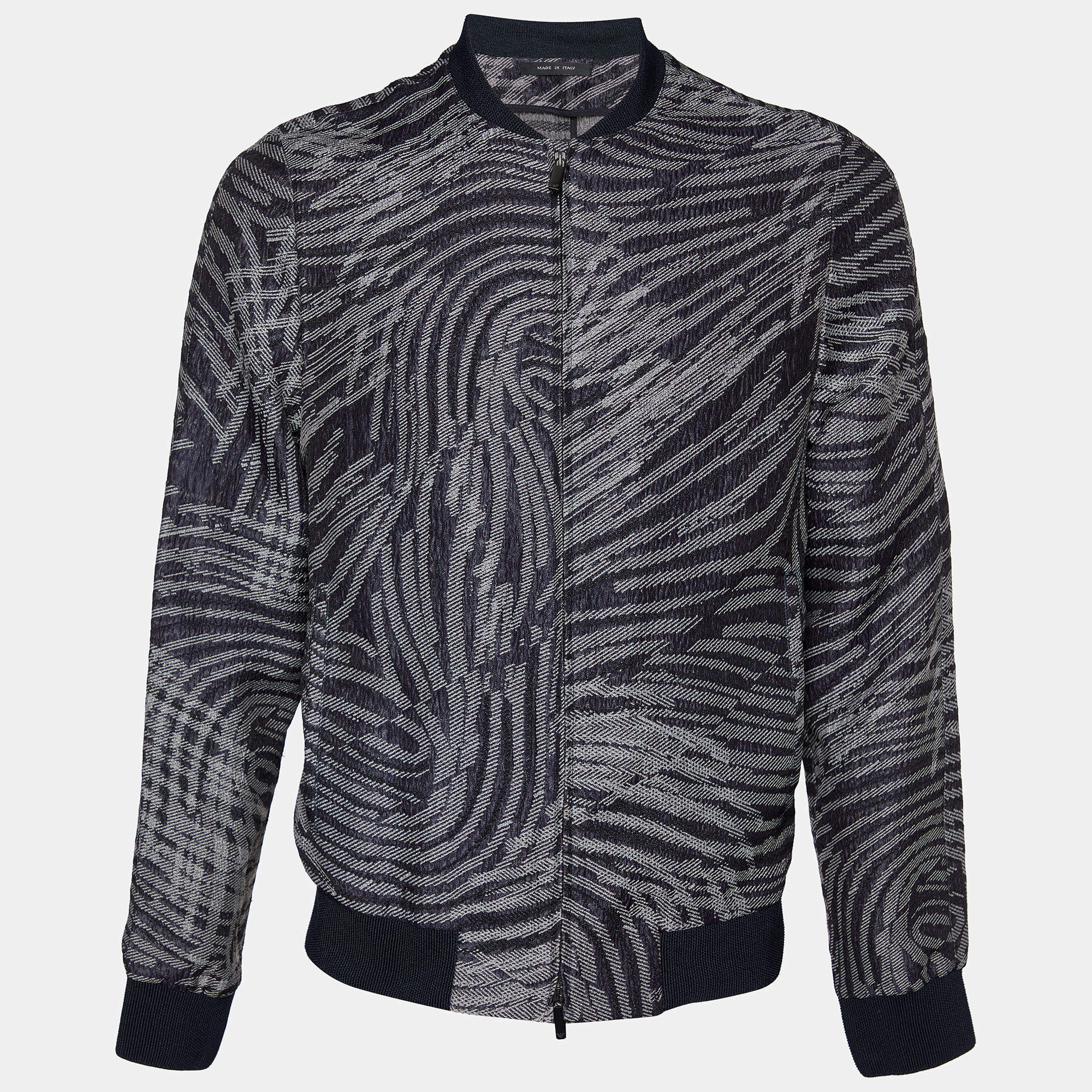 Pre Owned Emporio Armani Navy Blue Jacquard Pattern Zip Front Jacket M
