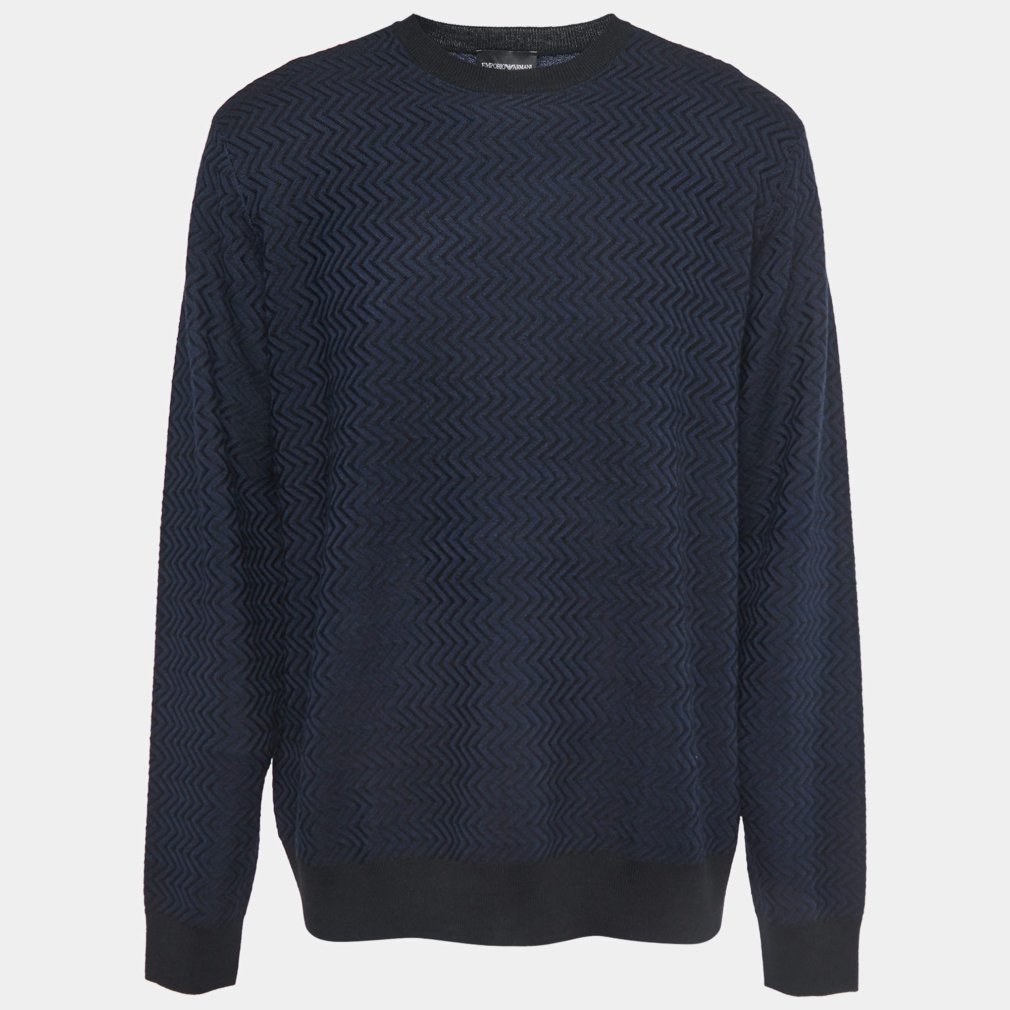 Emporio Armani Navy Blue/Black Patterned Wool Knit Crew Neck Sweater 3XL