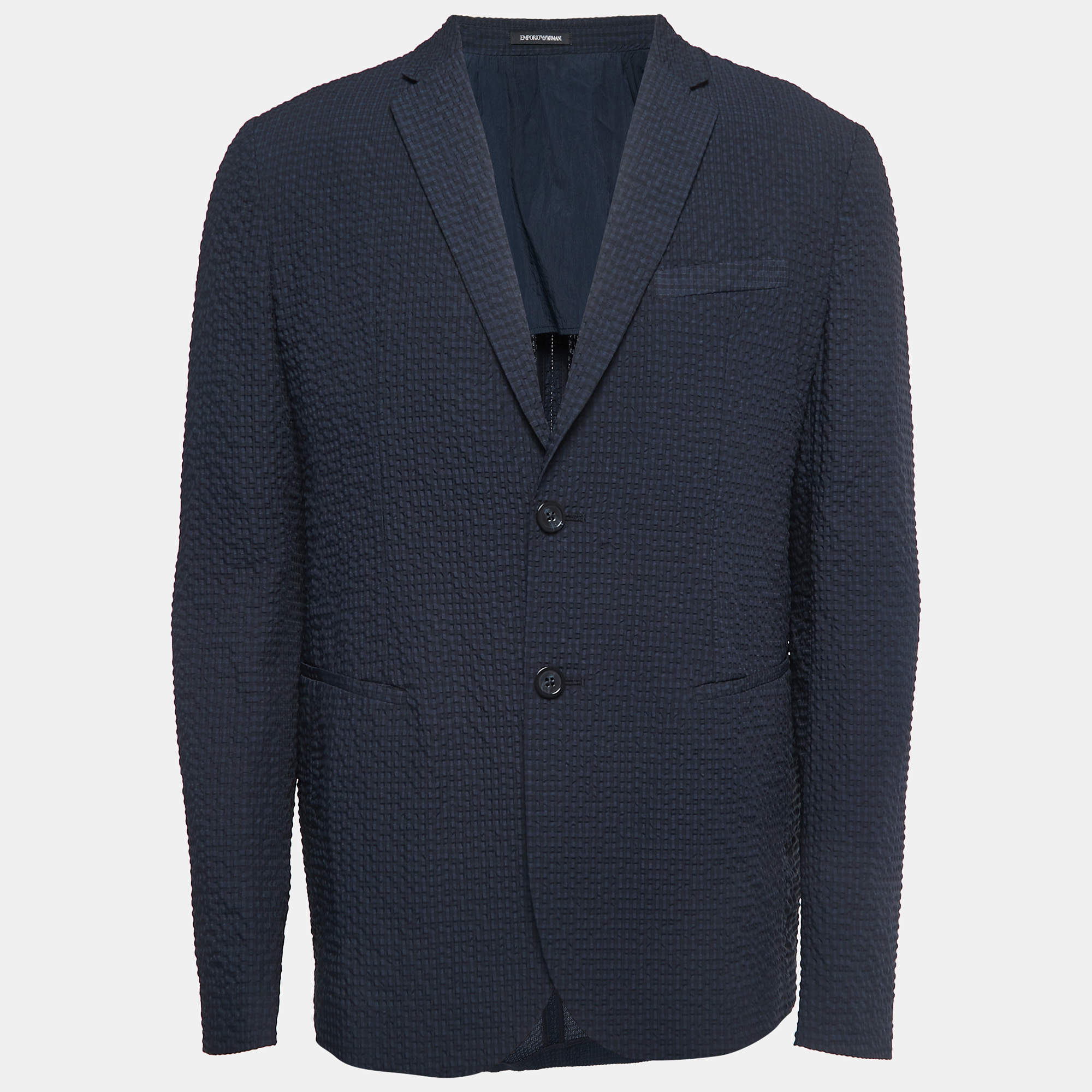 مملوكة مسبقًا Emporio Armani Navy Blue Patterned Synthetic Single Breasted Blazer XL