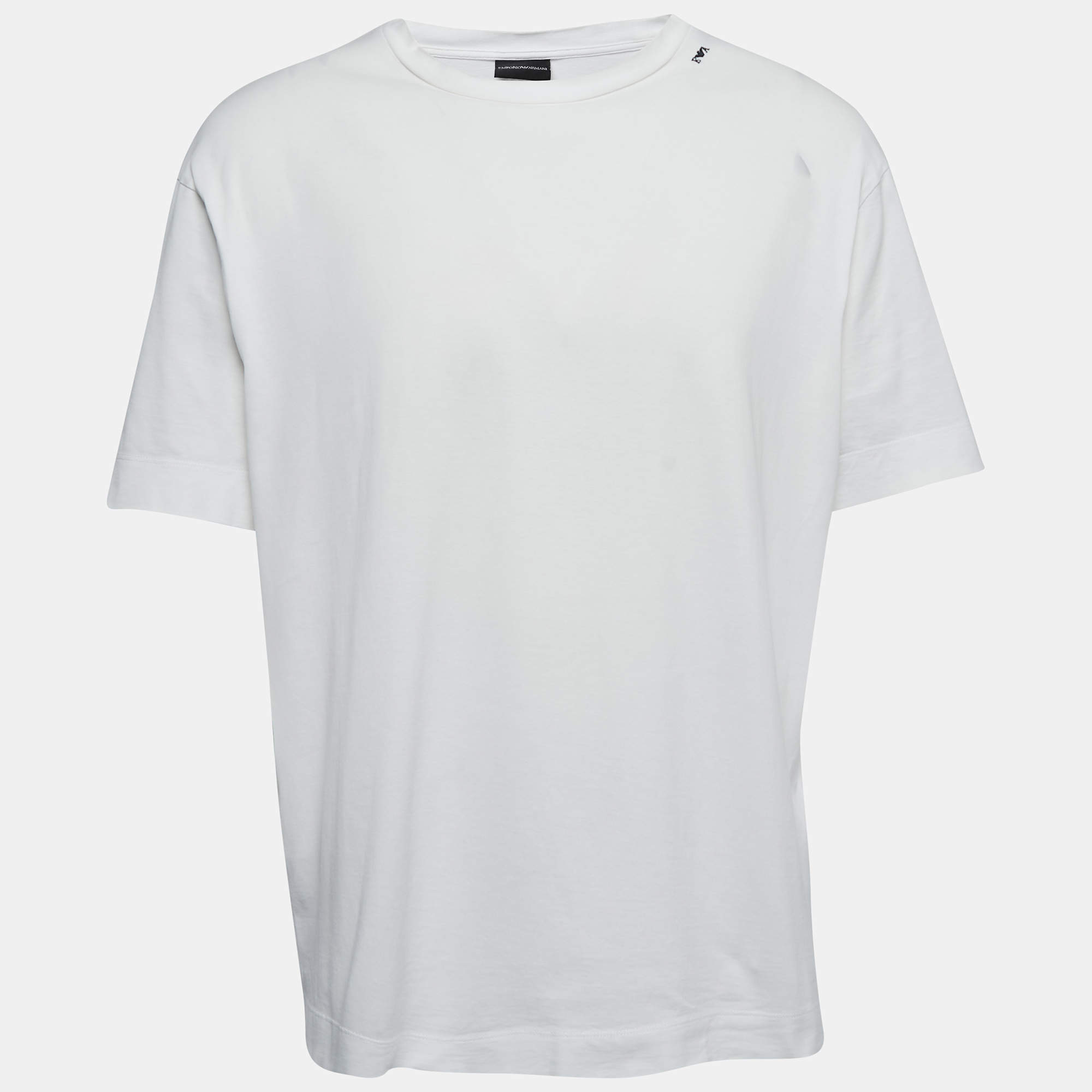 Pre Owned Emporio Armani White Logo Embroidered Cotton Crew Neck T-Shirt XXL