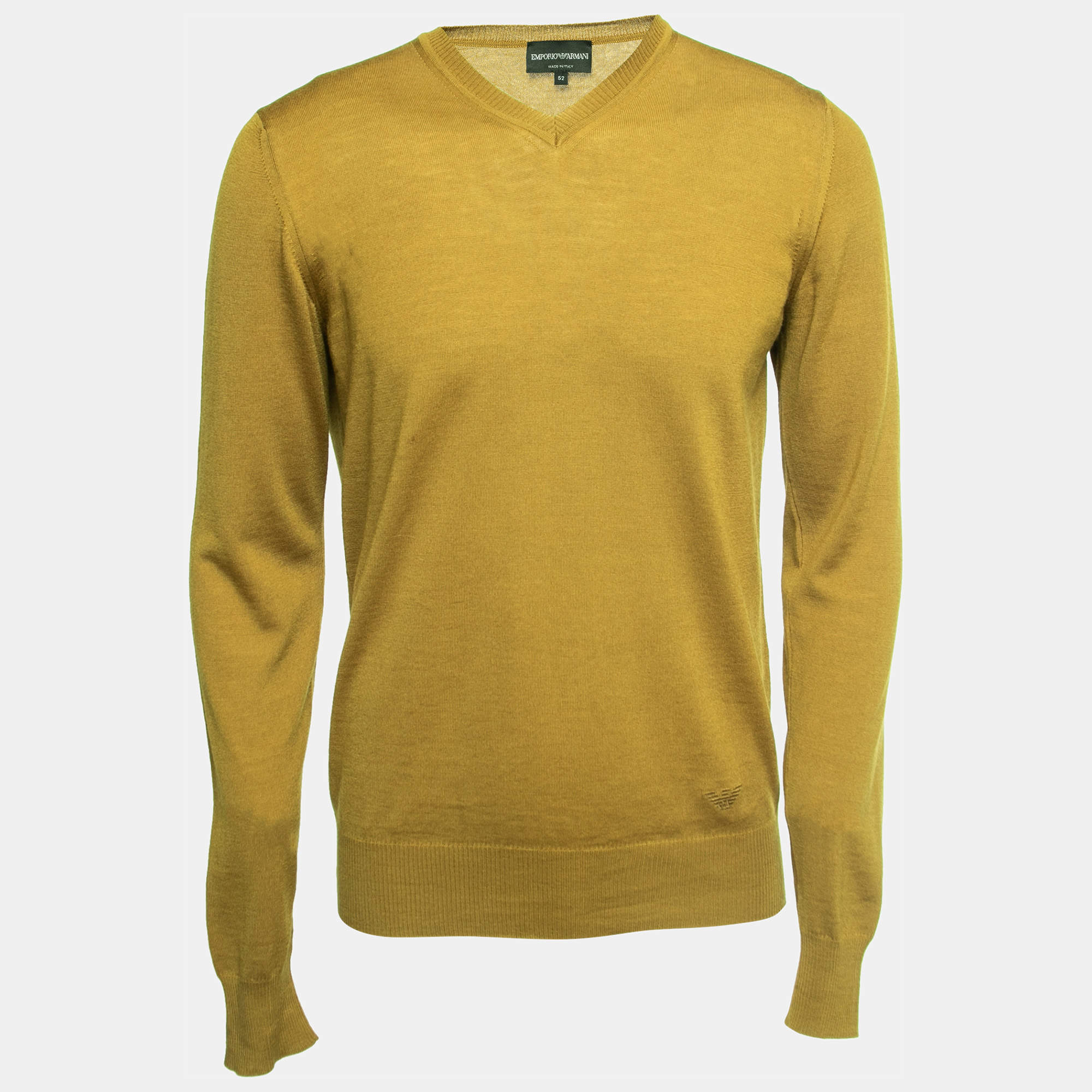 Pre Owned Emporio Armani Green Ochre Wool Knit V-Neck Sweater XL