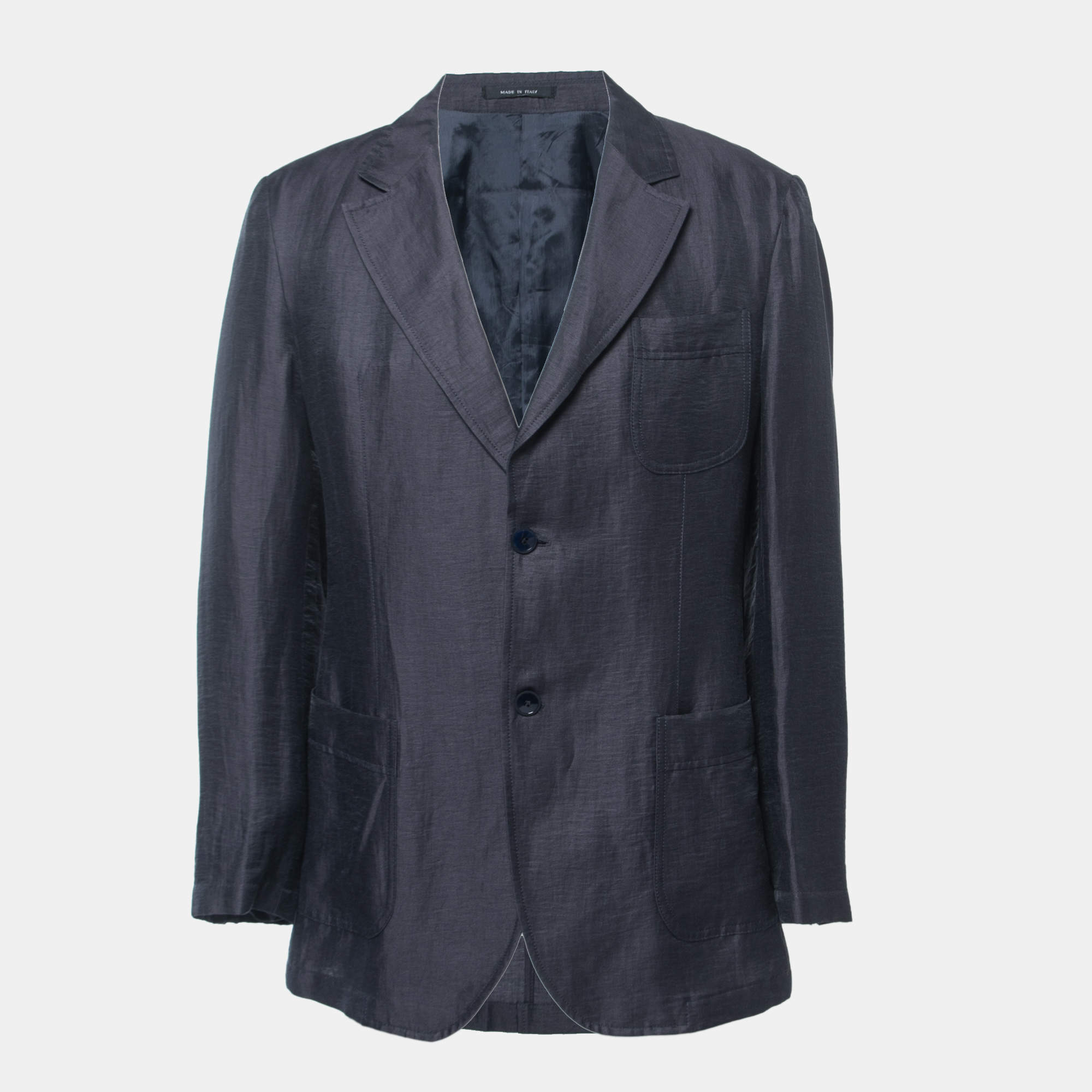 Pre Owned Emporio Armani Navy Blue Linen Single Breasted Jacket XXL