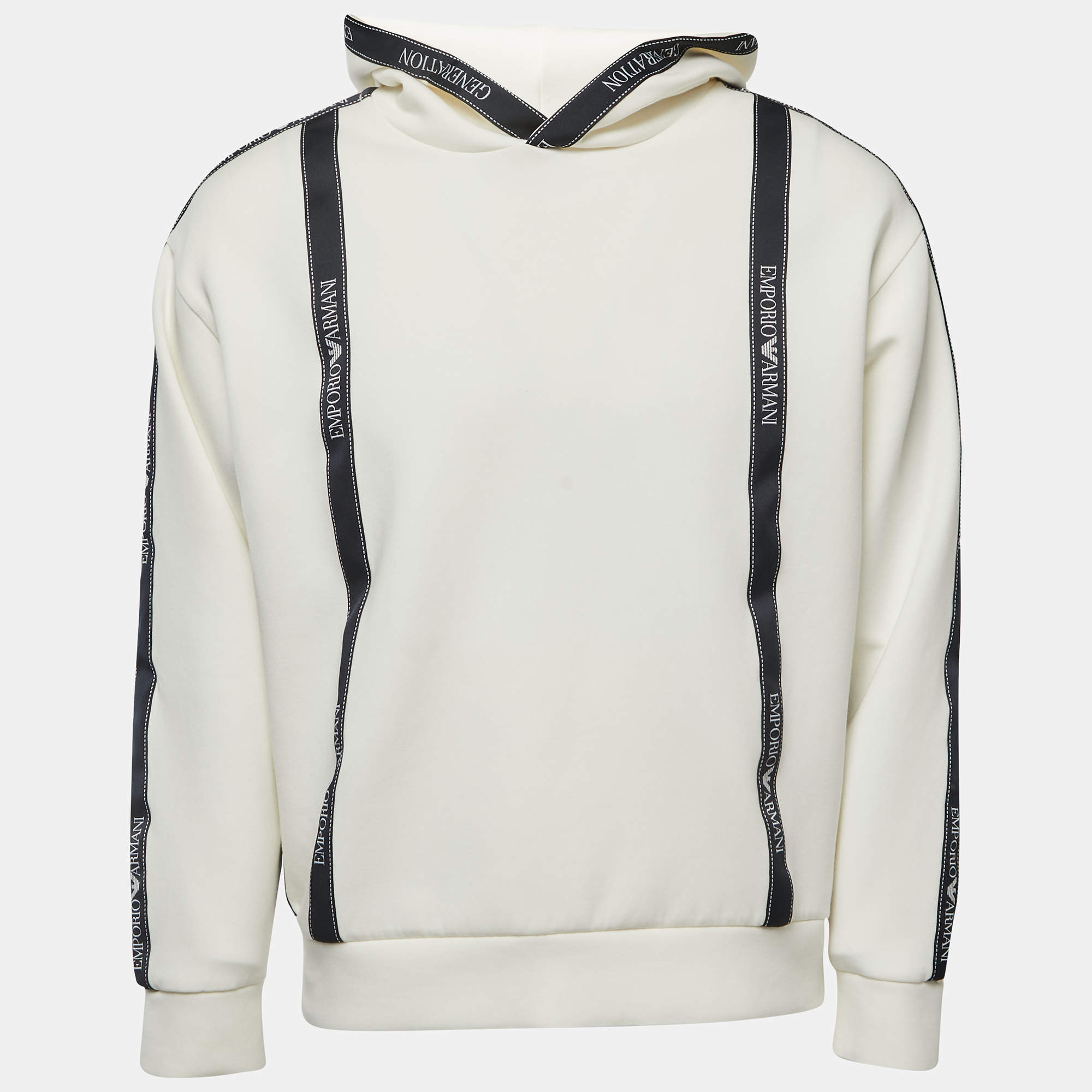 مملوكة مسبقًا Emporio Armani Off-White Cream Knit Logo Tape Detail Hooded Sweatshirt L
