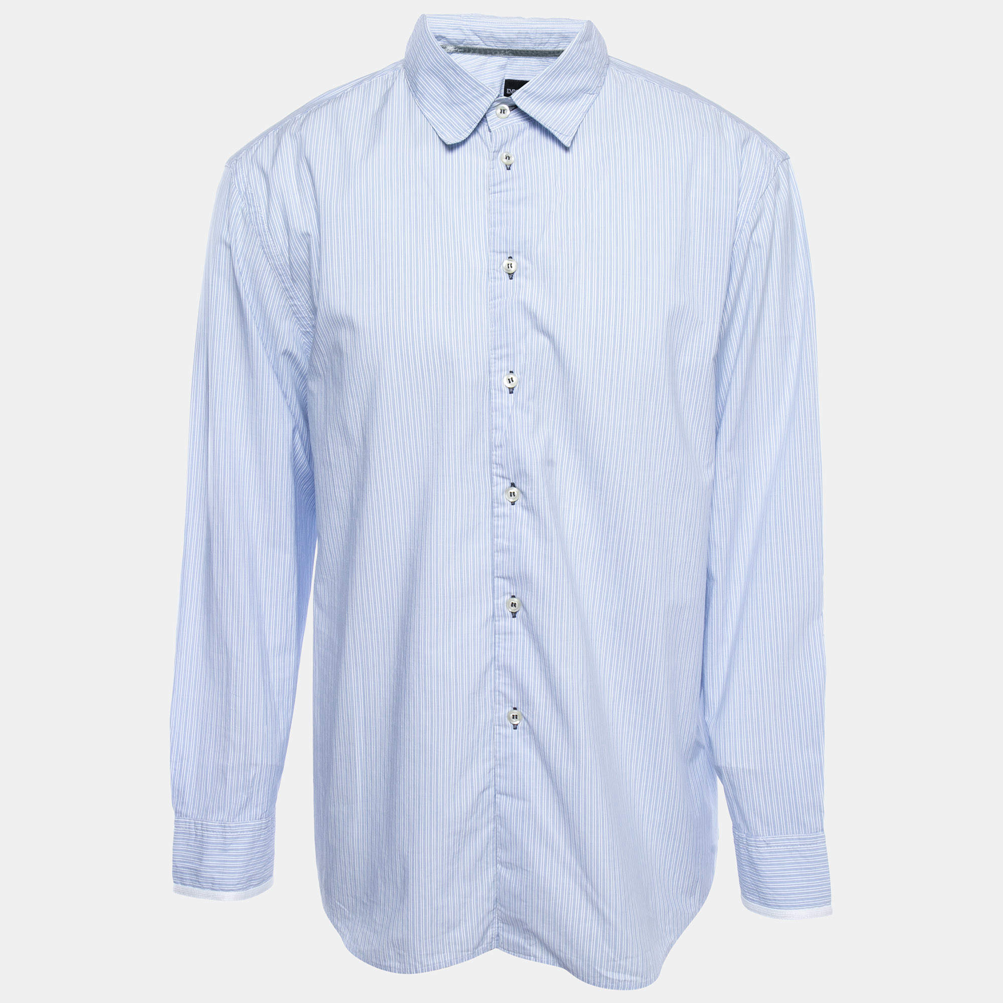 Emporio Armani Blue Striped Cotton Button Front Full Sleeve Shirt XXL