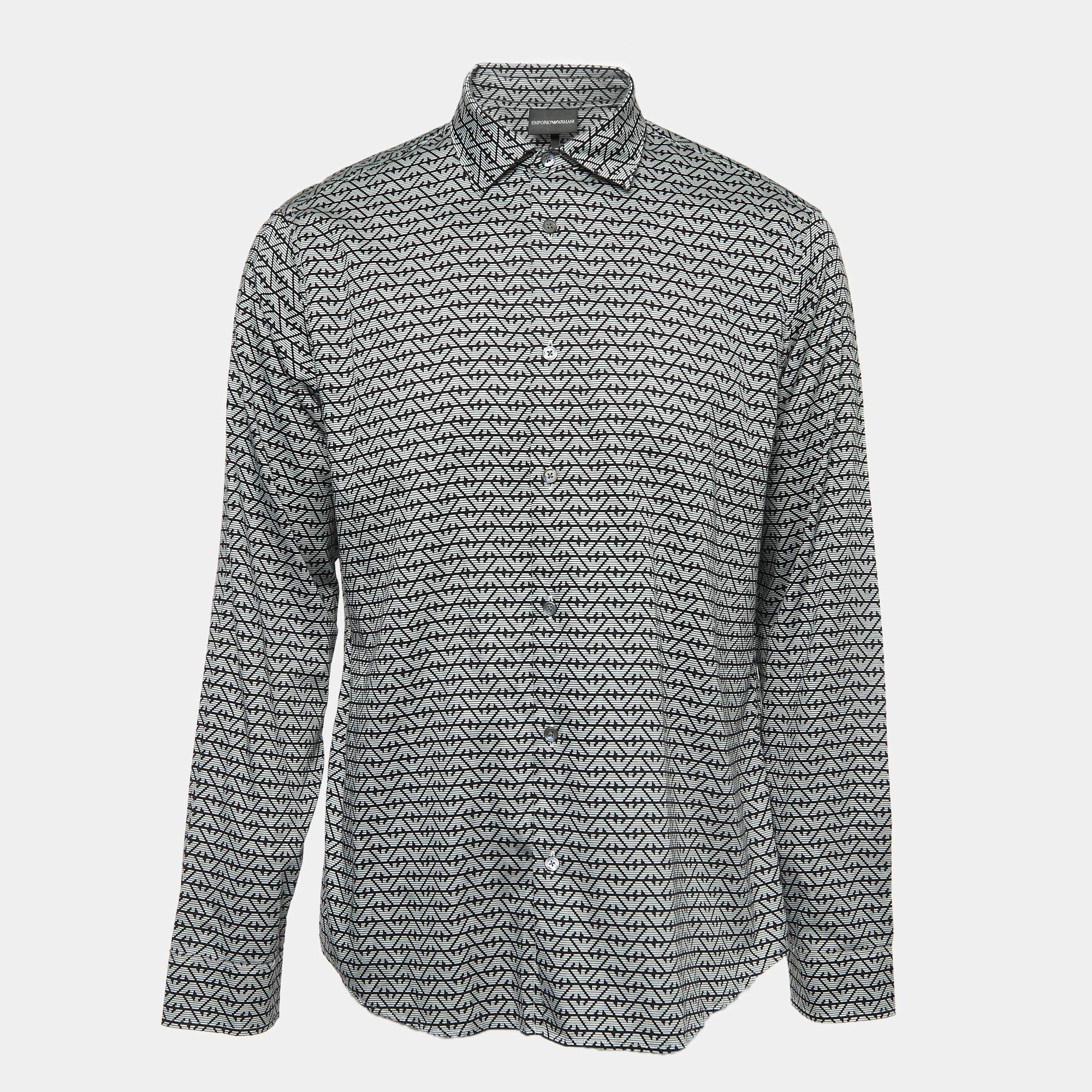 Pre Owned Emporio Armani Black Logo Printed Cotton Long Sleeve Shirt 2XL