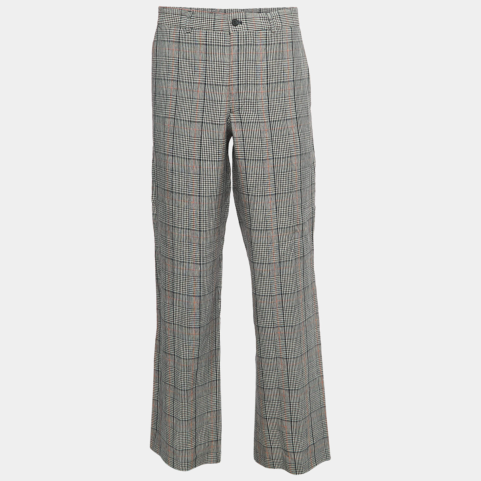 Pre Owned Emporio Armani Black Plaid Linen Trousers M