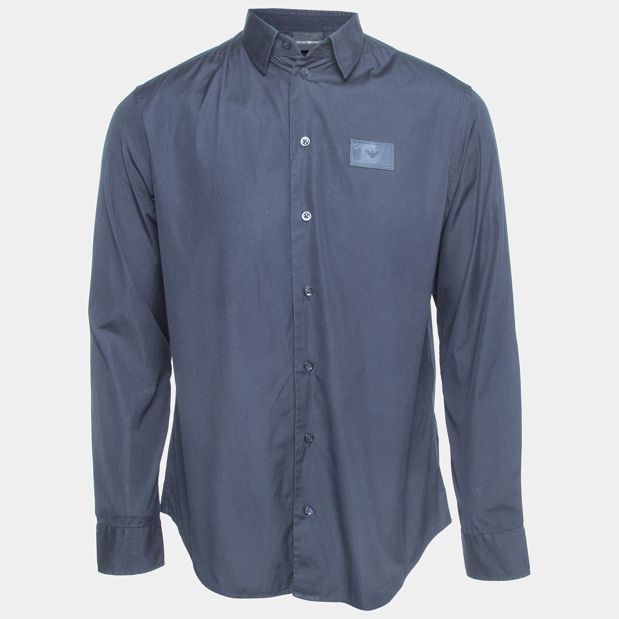 Pre Owned Emporio Armani Navy Blue Cotton Button Front Full Sleeve Shirt M