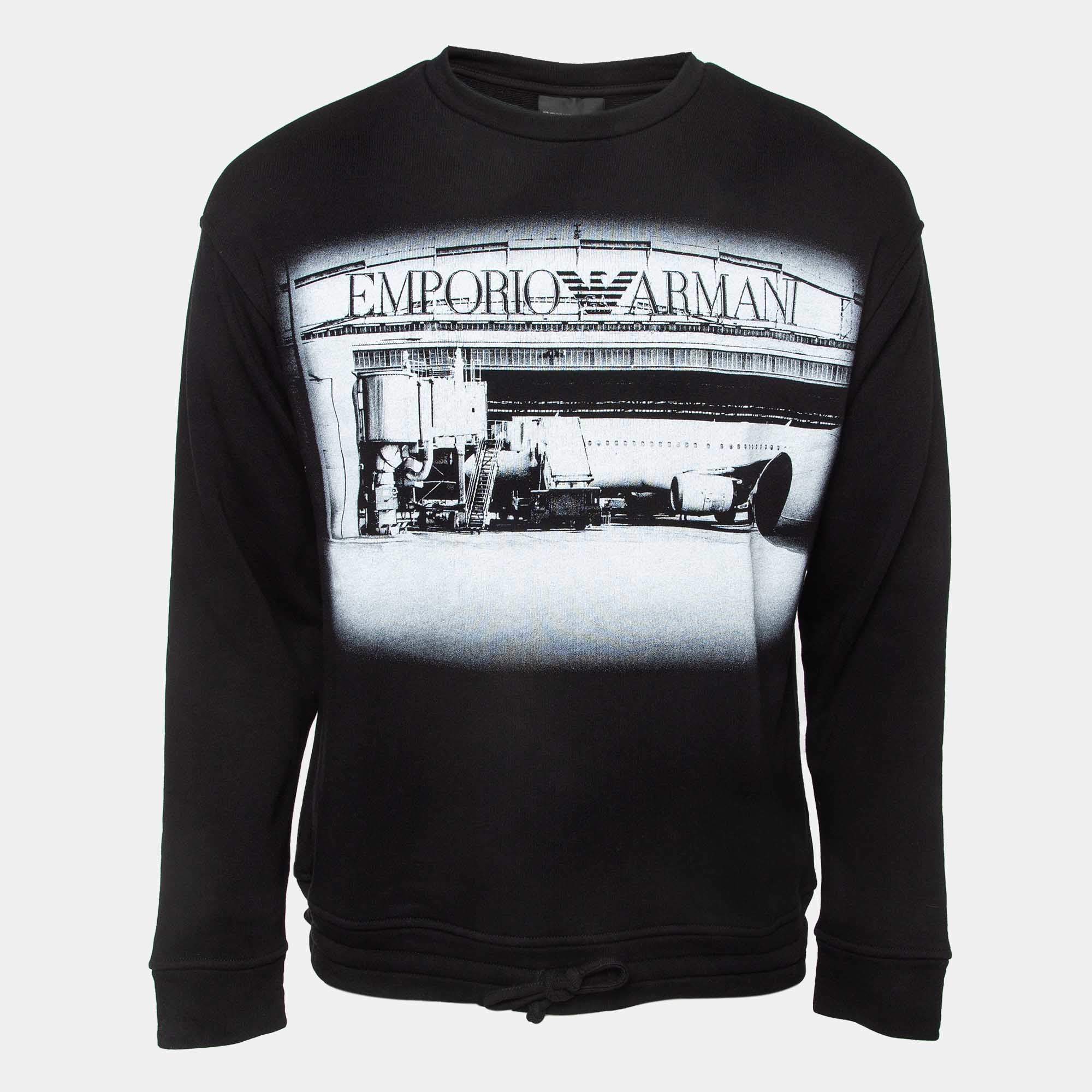 Pre Owned Emporio Armani Black Logo Digital Print Cotton Drawstring Waist Sweatshirt S